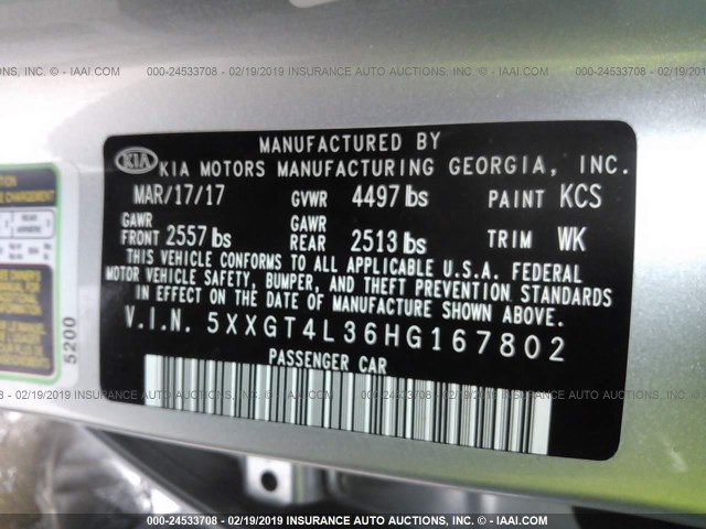 5XXGT4L36HG167802 - 2017 KIA OPTIMA LX SILVER photo 9