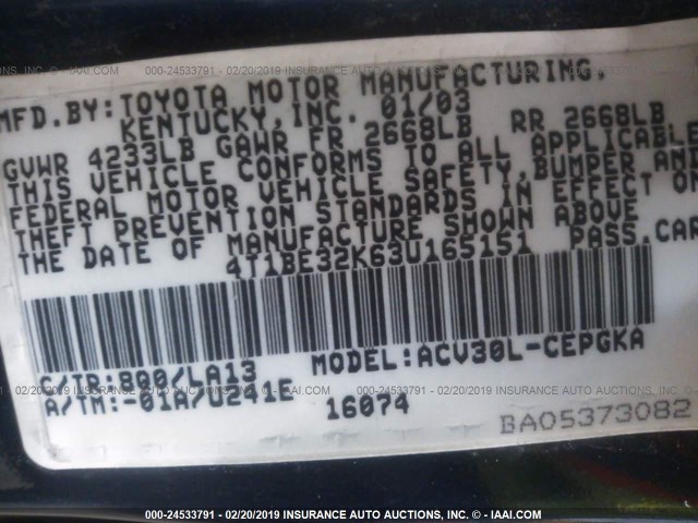 4T1BE32K63U165151 - 2003 TOYOTA CAMRY LE/XLE/SE BLUE photo 9