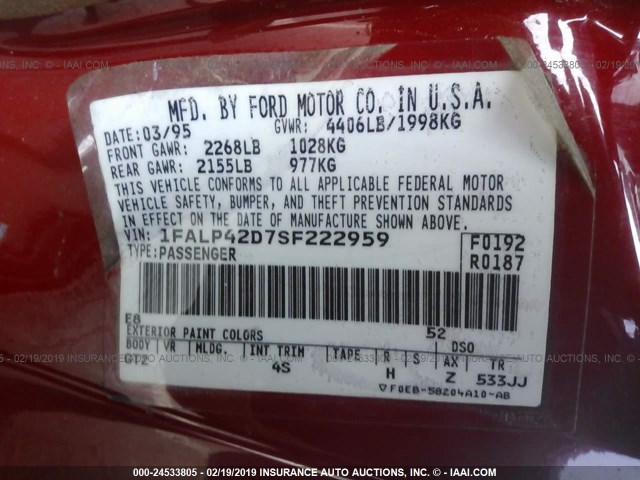 1FALP42D7SF222959 - 1995 FORD MUSTANG COBRA SVT RED photo 9