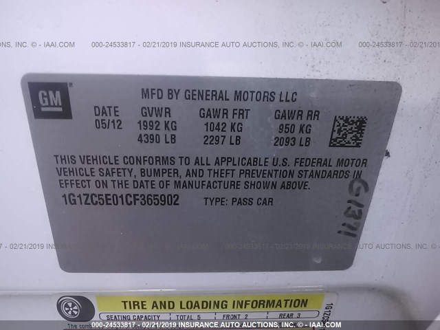 1G1ZC5E01CF365902 - 2012 CHEVROLET MALIBU 1LT WHITE photo 9