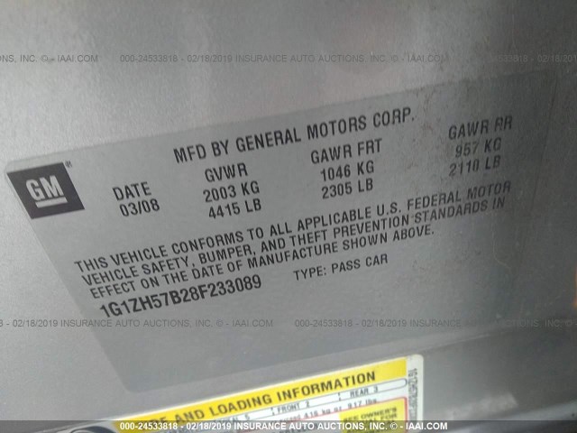 1G1ZH57B28F233089 - 2008 CHEVROLET MALIBU 1LT SILVER photo 9