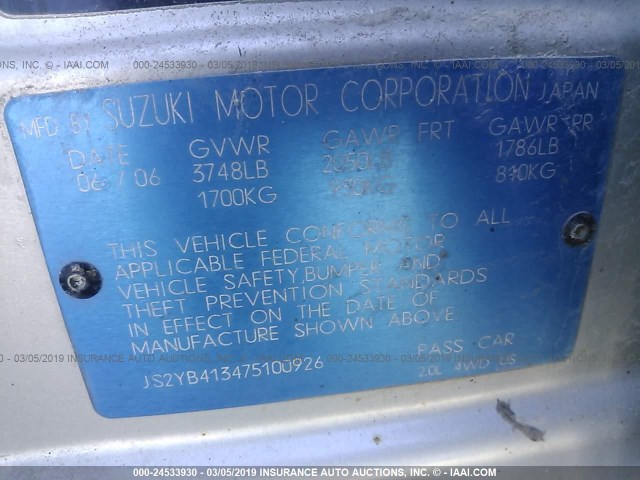 JS2YB413475100926 - 2007 SUZUKI SX4 SILVER photo 9