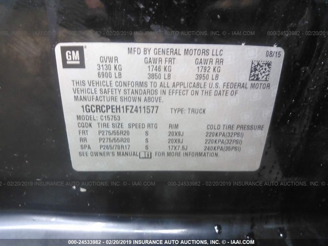 1GCRCPEH1FZ411577 - 2015 CHEVROLET SILVERADO C1500 BLACK photo 9