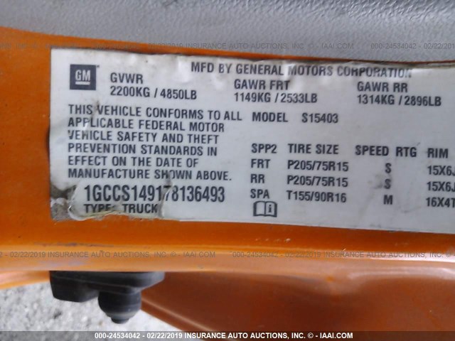 1GCCS149178136493 - 2007 CHEVROLET COLORADO ORANGE photo 9