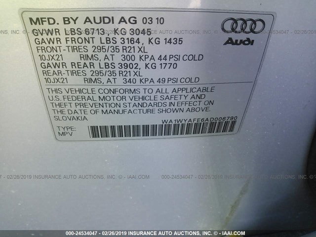 WA1WYAFE6AD006790 - 2010 AUDI Q7 PRESTIGE SILVER photo 9