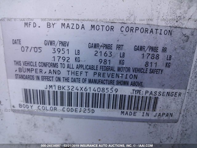 JM1BK324X61408559 - 2006 MAZDA 3 S WHITE photo 9