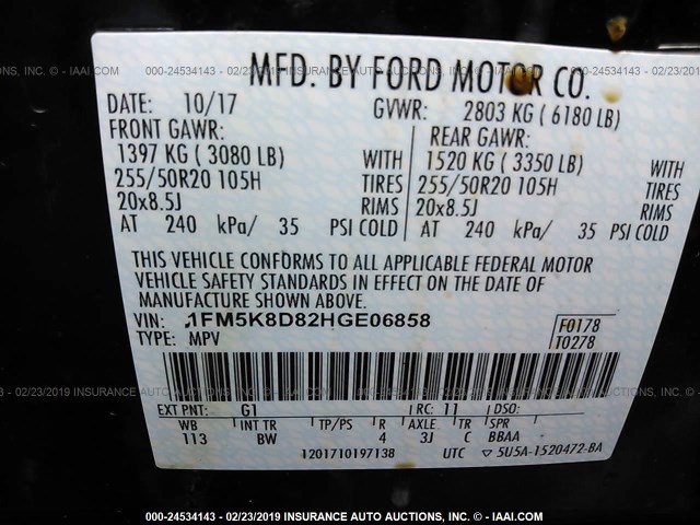 1FM5K8D82HGE06858 - 2017 FORD EXPLORER XLT BLACK photo 9