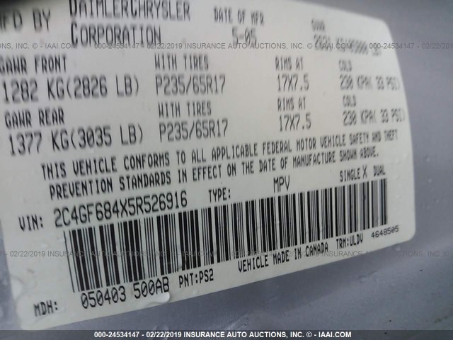 2C4GF684X5R526916 - 2005 CHRYSLER PACIFICA TOURING SILVER photo 9