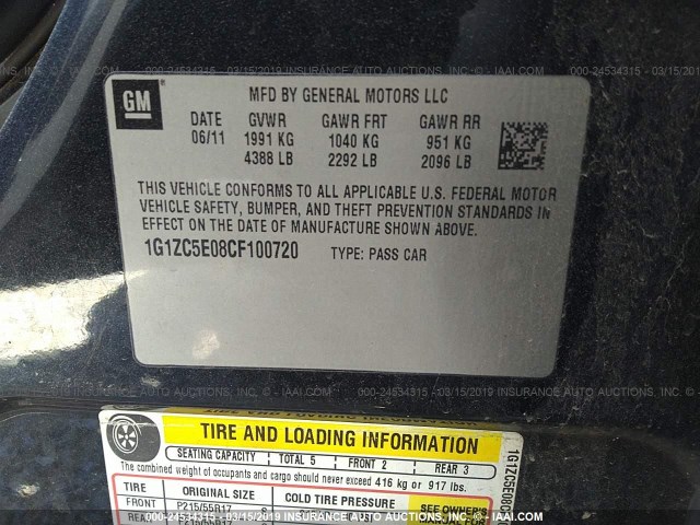 1G1ZC5E08CF100720 - 2012 CHEVROLET MALIBU 1LT შავი ფოტო 9