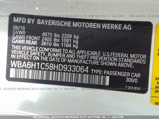 WBA6H1C58HD933064 - 2017 BMW 640 I WHITE photo 9