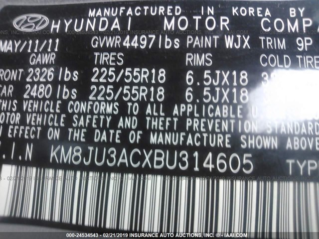 KM8JU3ACXBU314605 - 2011 HYUNDAI TUCSON GLS/LIMITED 银色 照片 9