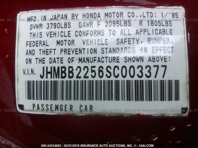 JHMBB2256SC003377 - 1995 HONDA PRELUDE SI/SR RED photo 9