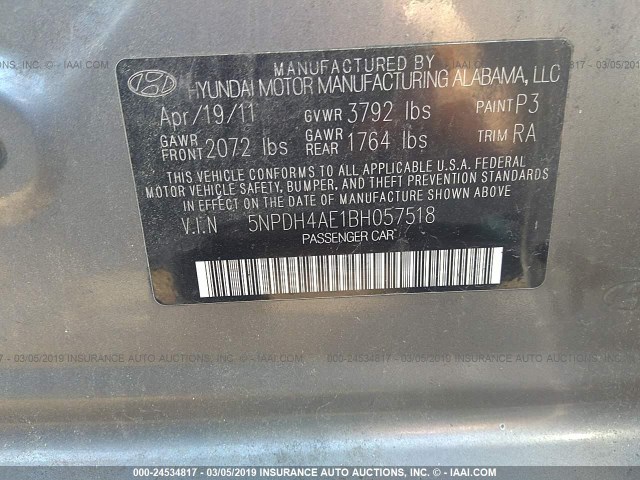 5NPDH4AE1BH057518 - 2011 HYUNDAI ELANTRA GLS/LIMITED GRAY photo 9