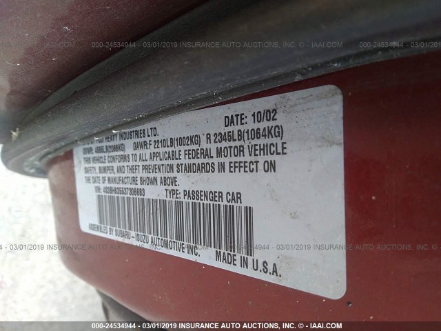 4S3BH635537306683 - 2003 SUBARU LEGACY L/L SPECIAL MAROON photo 9