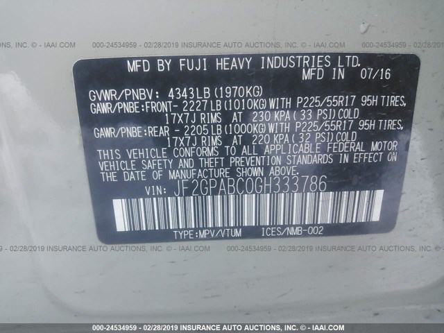 JF2GPABC0GH333786 - 2016 SUBARU CROSSTREK PREMIUM თაფლისფერი ფოტო 9