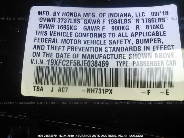 19XFC2F58JE038469 - 2018 HONDA CIVIC LX BLACK photo 9