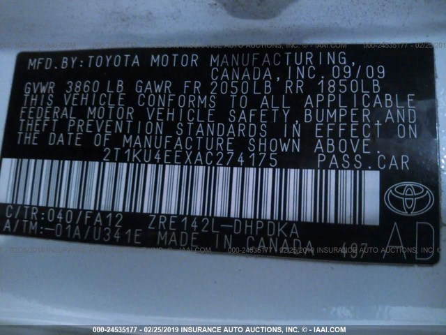 2T1KU4EEXAC274175 - 2010 TOYOTA COROLLA MATRIX  WHITE photo 9