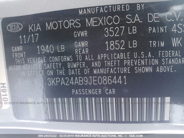 3KPA24AB9JE086441 - 2018 KIA RIO LX/S SILVER photo 9