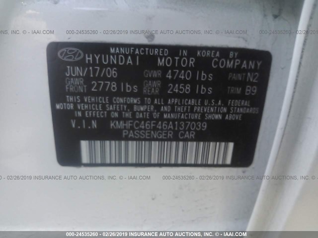 KMHFC46F46A137039 - 2006 HYUNDAI AZERA SE/LIMITED WHITE photo 9