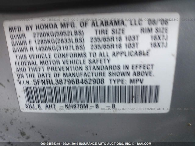 5FNRL38796B462908 - 2006 HONDA ODYSSEY EXL SILVER photo 9