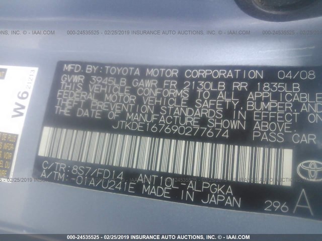 JTKDE167690277674 - 2009 TOYOTA SCION TC BLUE photo 9