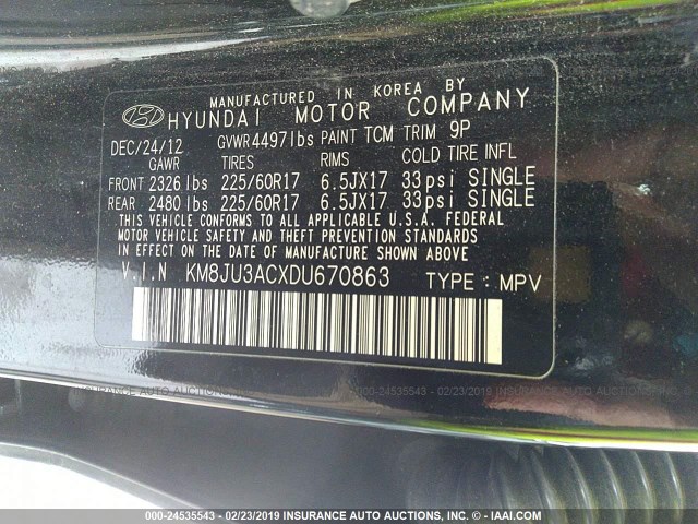 KM8JU3ACXDU670863 - 2013 HYUNDAI TUCSON GLS/LIMITED შავი ფოტო 9