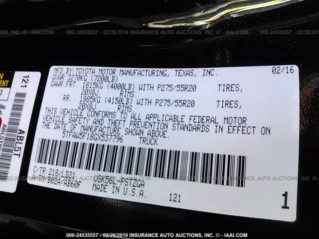 5TFAW5F18GX537796 - 2016 TOYOTA TUNDRA CREWMAX 1794/PLATINUM 黑色 照片 9