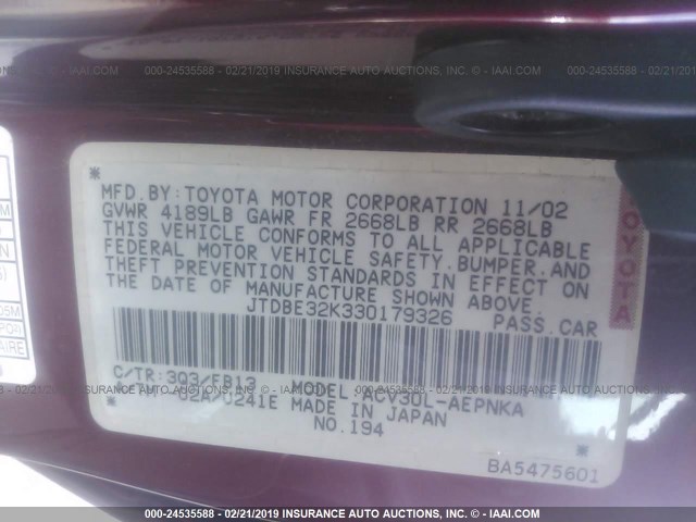 JTDBE32K330179326 - 2003 TOYOTA CAMRY LE/XLE RED photo 9