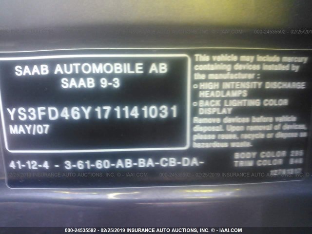 YS3FD46Y171141031 - 2007 SAAB 9-3 2.0T GRAY photo 9