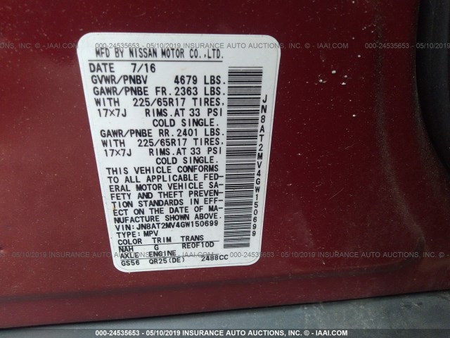 JN8AT2MV4GW150699 - 2016 NISSAN ROGUE S/SL/SV RED photo 9