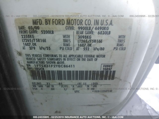 1FTSX31F2YEC86411 - 2000 FORD F350 SRW SUPER DUTY WHITE photo 9