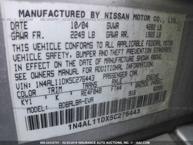 1N4AL11DX5C276443 - 2005 NISSAN ALTIMA S/SL SILVER photo 9