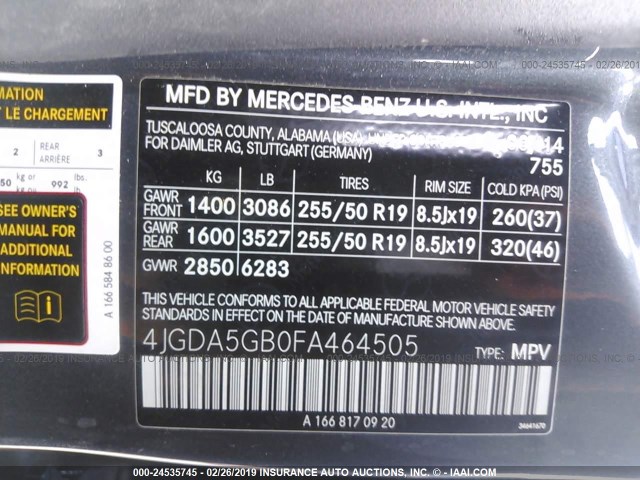 4JGDA5GB0FA464505 - 2015 MERCEDES-BENZ ML 400 4MATIC GRAY photo 9