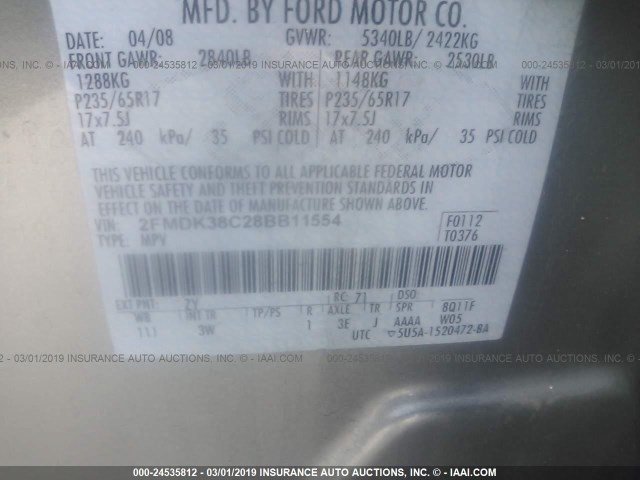 2FMDK38C28BB11554 - 2008 FORD EDGE SEL GRAY photo 9