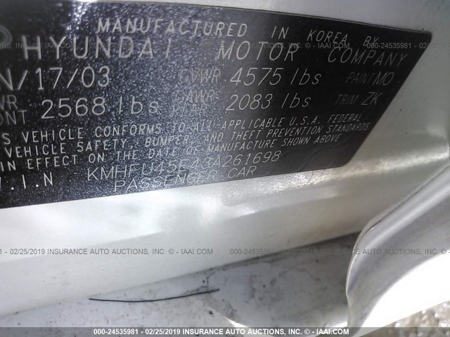 KMHFU45E43A261698 - 2003 HYUNDAI XG 350 WHITE photo 9