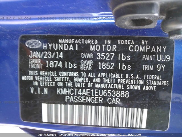 KMHCT4AE1EU653888 - 2014 HYUNDAI ACCENT GLS/GS BLUE photo 9