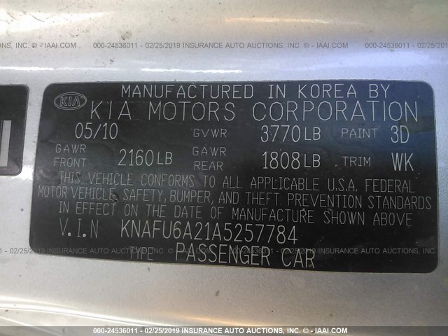 KNAFU6A21A5257784 - 2010 KIA FORTE EX SILVER photo 9