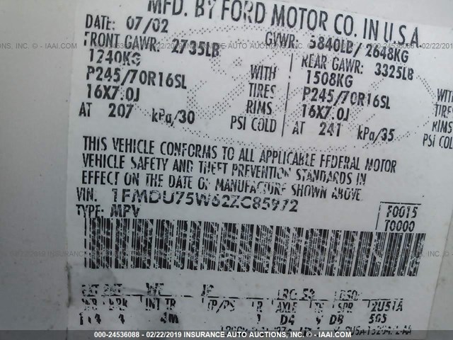 1FMDU75W62ZC85972 - 2002 FORD EXPLORER LIMITED 白色 照片 9