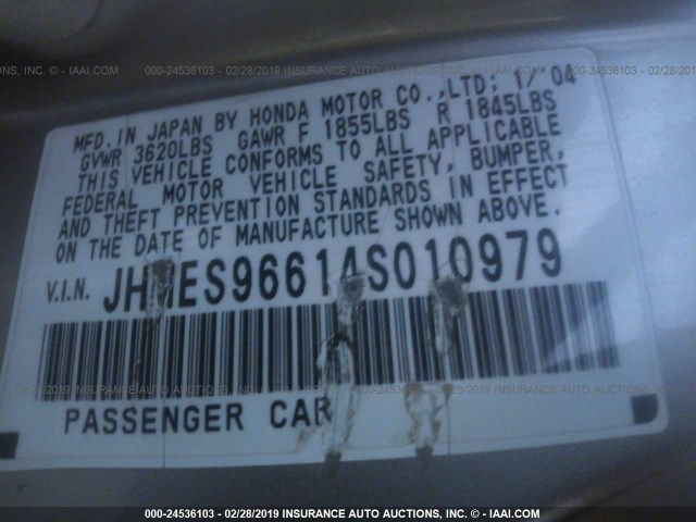 JHMES96614S010979 - 2004 HONDA CIVIC HYBRID GOLD photo 9