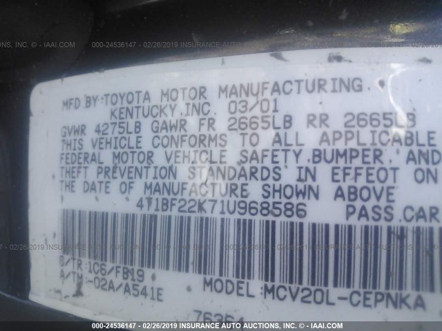 4T1BF22K71U968586 - 2001 TOYOTA CAMRY LE/XLE GRAY photo 9