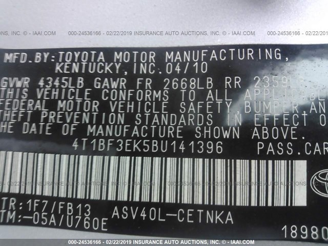 4T1BF3EK5BU141396 - 2011 TOYOTA CAMRY SE/LE/XLE 银色 照片 9