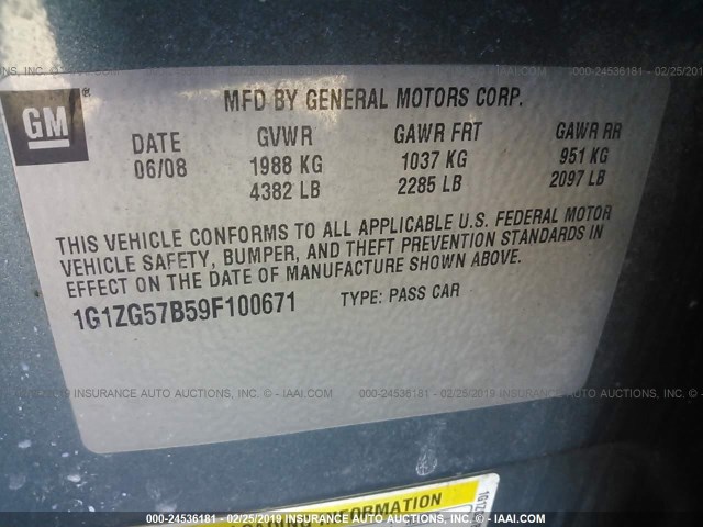 1G1ZG57B59F100671 - 2009 CHEVROLET MALIBU LS GREEN photo 9