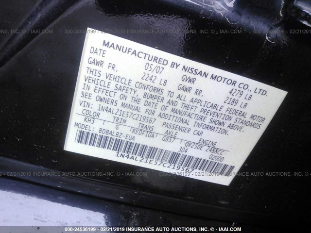 1N4AL21E57C219567 - 2007 NISSAN ALTIMA 2.5/2.5S Qara foto 9