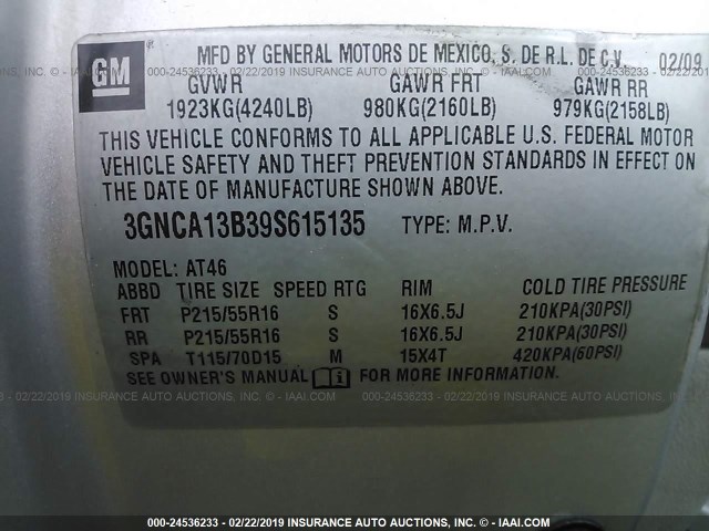 3GNCA13B39S615135 - 2009 CHEVROLET HHR LS Plata foto 9