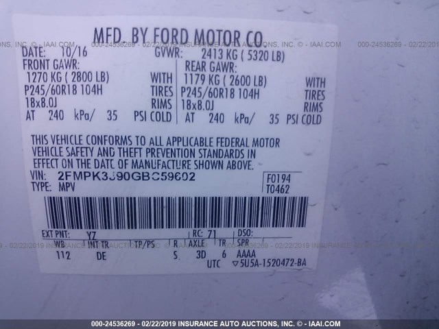 2FMPK3J90GBC59602 - 2016 FORD EDGE SEL WHITE photo 9