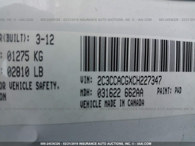 2C3CCACGXCH227347 - 2012 CHRYSLER 300 LIMITED WHITE photo 9