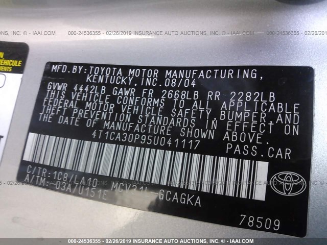 4T1CA30P95U041117 - 2005 TOYOTA CAMRY SOLARA SE/SLE SILVER photo 9