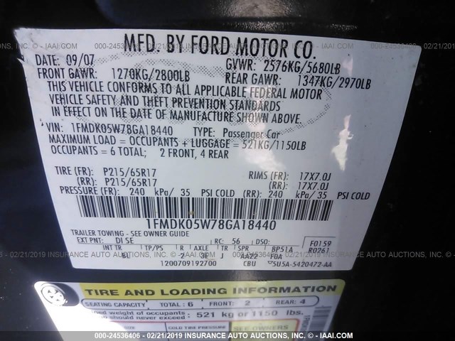 1FMDK05W78GA18440 - 2008 FORD TAURUS X SEL BLUE photo 9