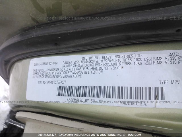 4S4BP61C557374677 - 2005 SUBARU LEGACY OUTBACK 2.5I GREEN photo 9