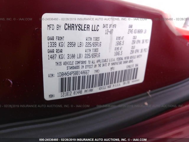 1D8HN54P58B140667 - 2008 DODGE GRAND CARAVAN SXT RED photo 9